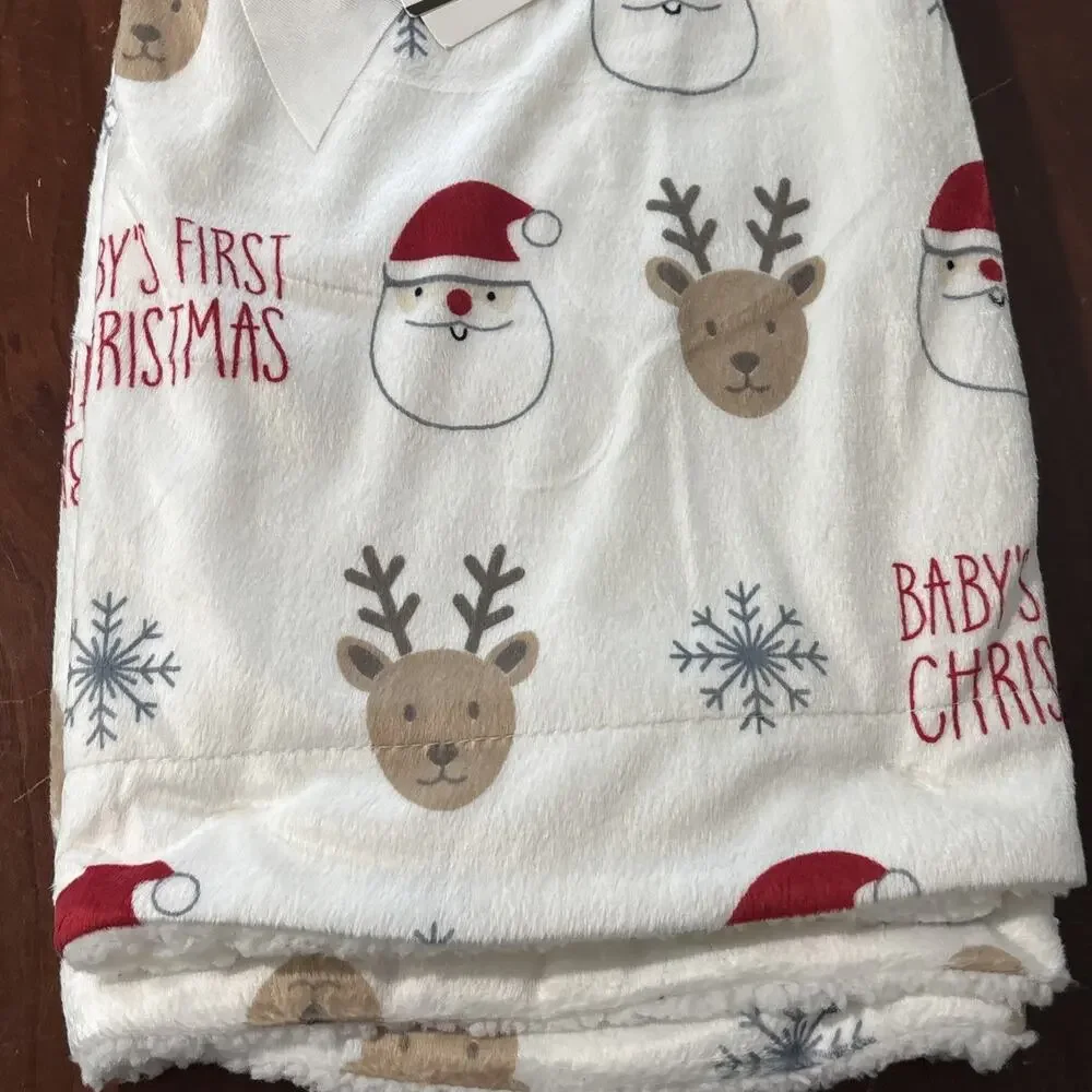 Baby Thro Baby’s First Christmas Plush Sherpa Blanket Santa Reindeer Snowflake